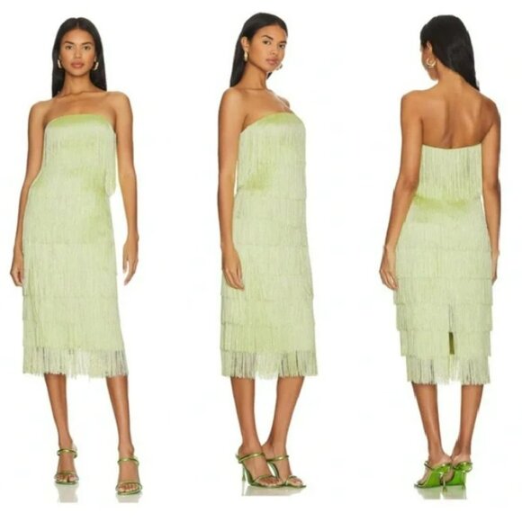 NWT House of Harlow 1960 Green Strapless Fringe Dress Sz M - Picture 1 of 17